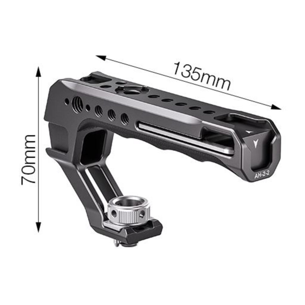 Leofoto AH-2-2 cameracage handgreep met aangegeven lengte en hoogte in millimeters op technische tekening.