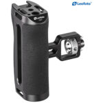 Leofoto CH-7-2 cameracage handgreep close-up met siliconen grip en gemonteerde ARRI-klem.