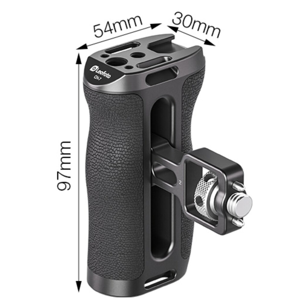 Leofoto CH-7-2 cameracage handgreep met afmetingen in millimeters weergegeven op technische tekening.