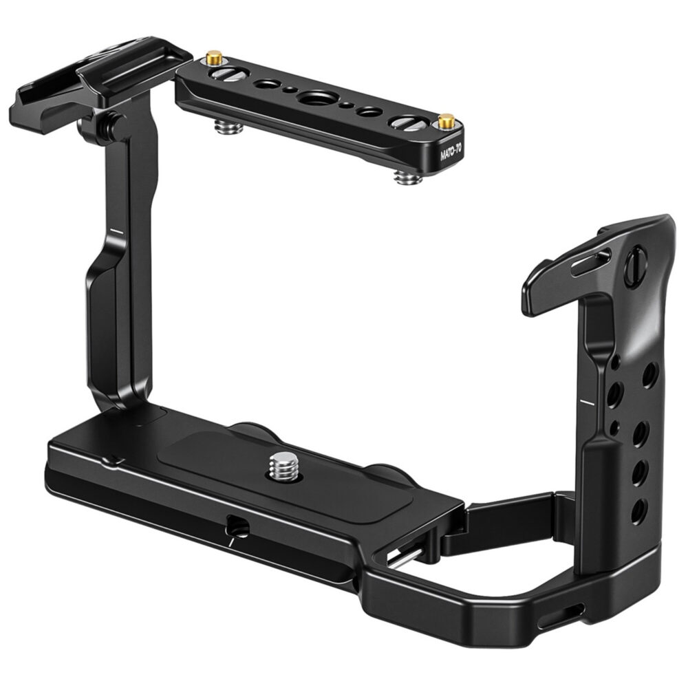 Leofoto FX3 cameracage zijaanzicht met bovenhandgreep en meerdere 1/4-inch schroefgaten.