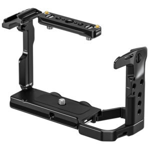 Leofoto FX3 cameracage zijaanzicht met bovenhandgreep en meerdere 1/4-inch schroefgaten.