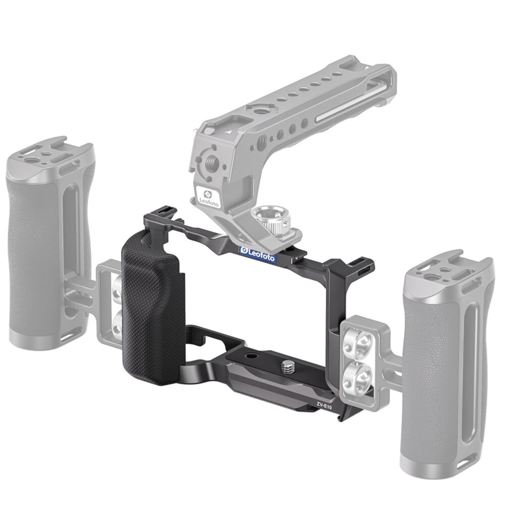 Leofoto ZV-E10 cameracage met los getoonde bovenhandgreep en zijhandgreep als optionele accessoires.