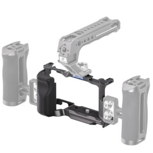 Leofoto ZV-E10 cameracage met los getoonde bovenhandgreep en zijhandgreep als optionele accessoires.