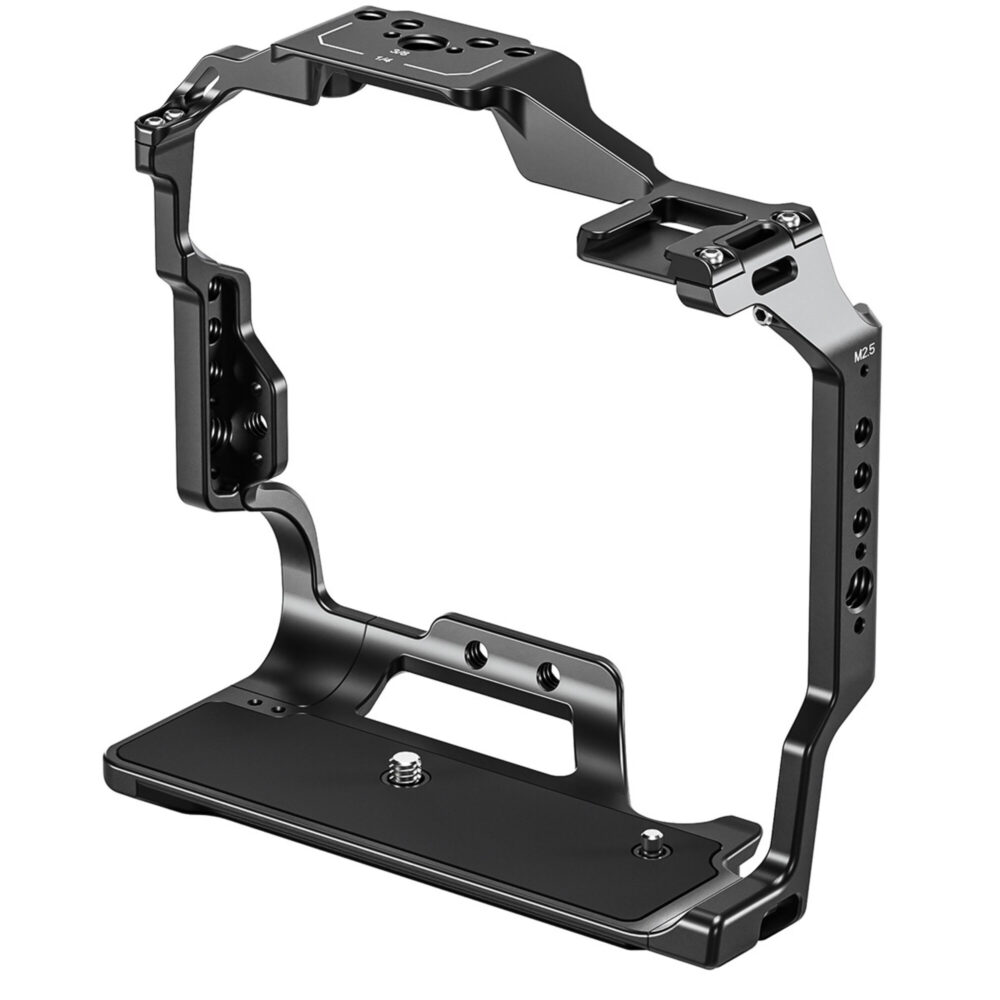 Leofoto Z9 cameracage linksvoor aanzicht met hoge zijframes en meerdere 1/4-inch schroefgaten.