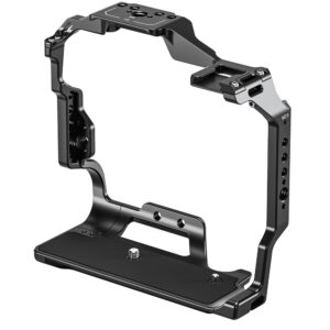 Leofoto Z9 cameracage linksvoor aanzicht met hoge zijframes en meerdere 1/4-inch schroefgaten.