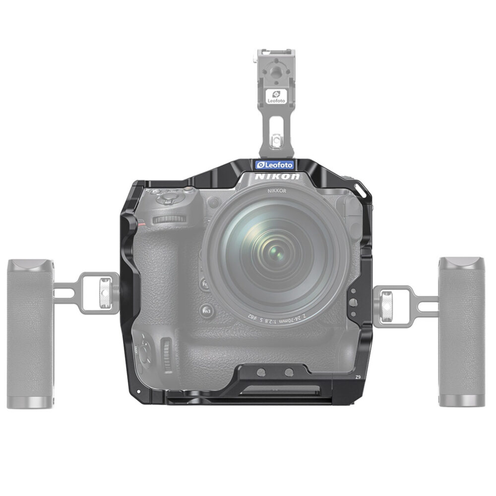 Leofoto Z9 cameracage gemonteerd rond Nikon Z9 camera met bovenhandgreep en zijhandgrepen als videorig.