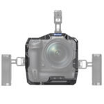 Leofoto Z9 cameracage gemonteerd rond Nikon Z9 camera met bovenhandgreep en zijhandgrepen als videorig.