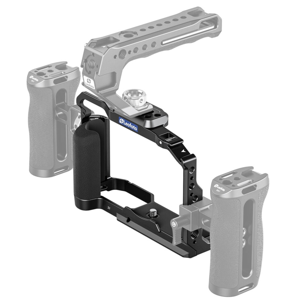 Leofoto cameracage voor Nikon Zf gemonteerd in videorig met bovenhandgreep en zijhandgrepen als voorbeeldopstelling.