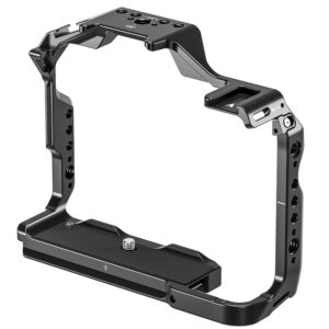 Leofoto Z8 cameracage linksvoor aanzicht met hoge zijframes en meerdere 1/4-inch montagegaten.