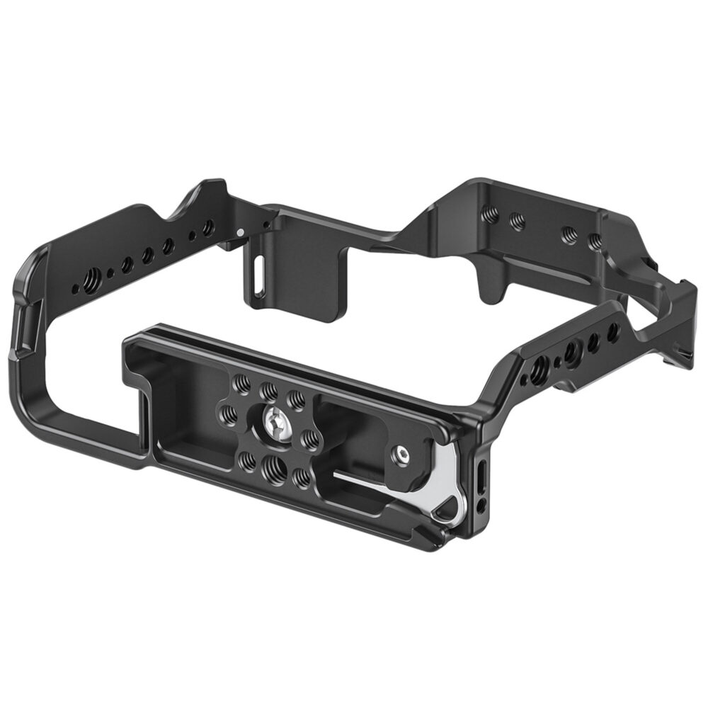 Leofoto Z8 cameracage rechterzijaanzicht met uitsparingen en schroefgaten voor accessoires.