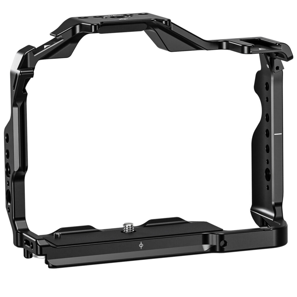 Leofoto Z8 cameracage onderaanzicht met Arca-Swiss profiel en centrale 1/4-inch bevestigingsschroef.