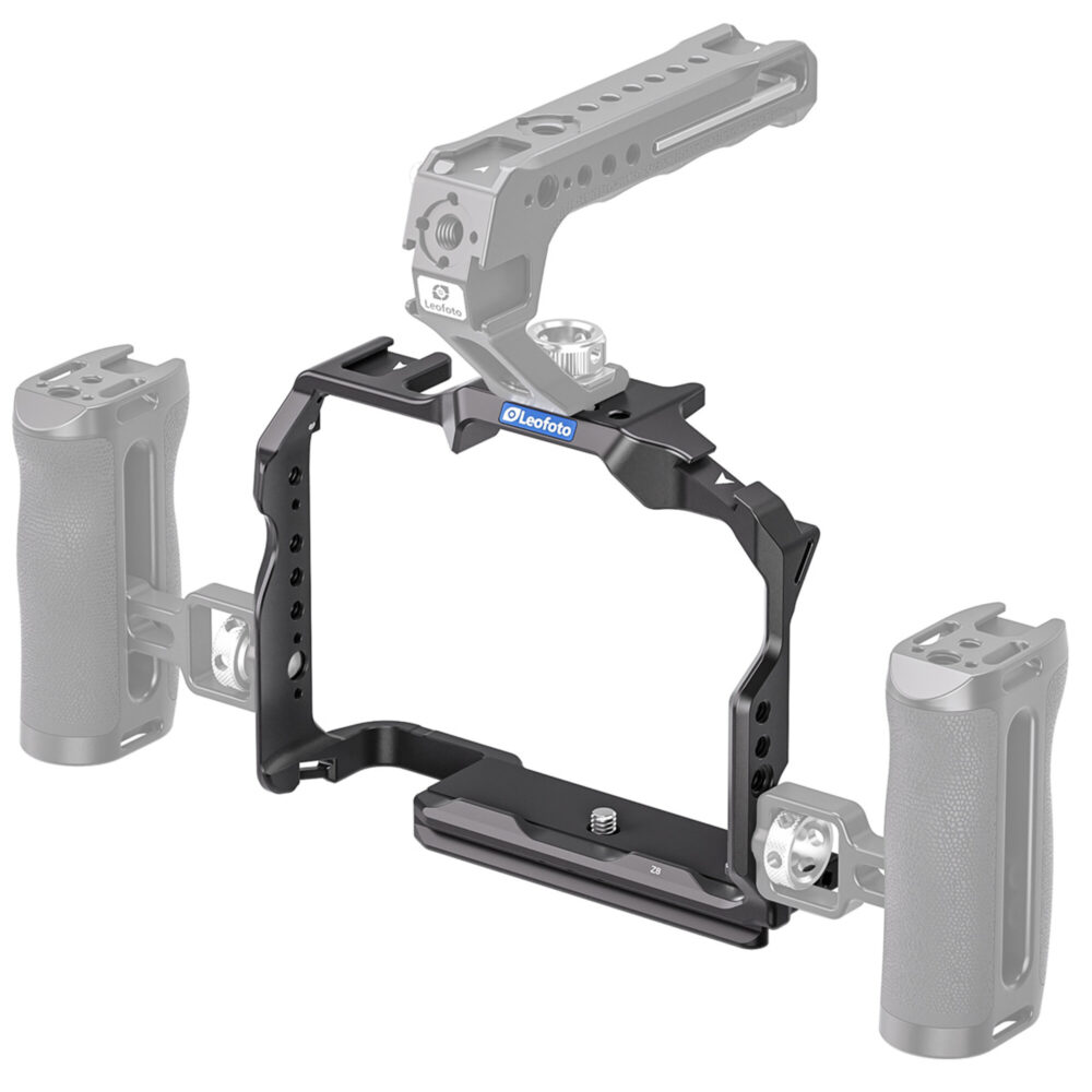 Leofoto Z8 cameracage met bovenhandgreep en zijhandgreep als complete videorig rond Nikon Z8 body.
