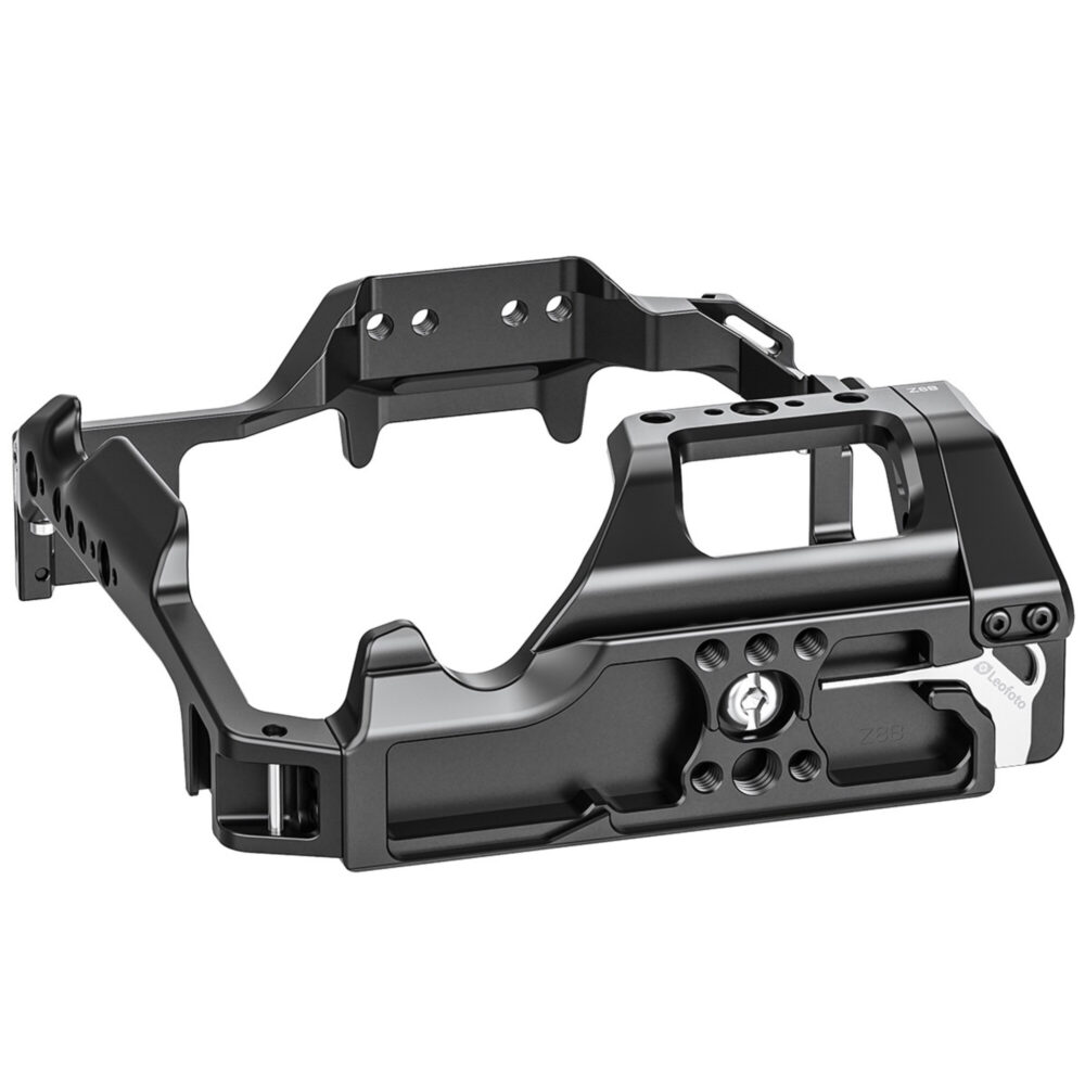 Leofoto Z8 cameracage liggend perspectief met zicht op bovenkant en zijkant met meerdere accessoire-aansluitingen.
