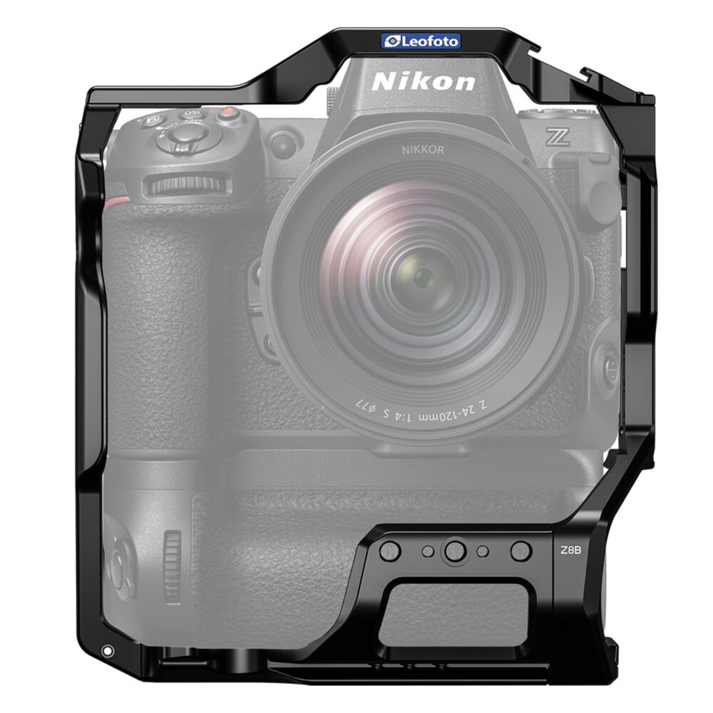 Leofoto Z8 cameracage gemonteerd rond Nikon Z8 met batterijgreep, vooraanzicht met volledig omsluitende bescherming.