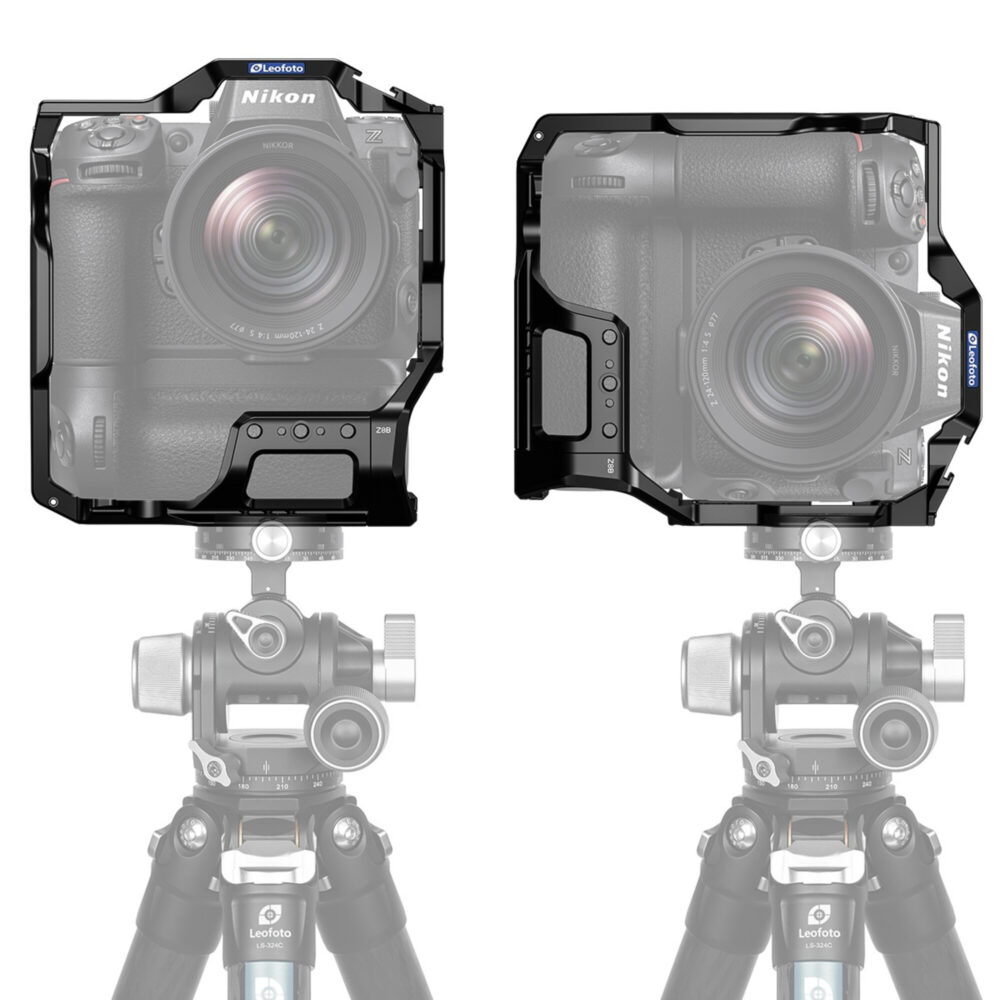Leofoto Z8 cameracage met Nikon Z8 in horizontale en verticale stand op statiefkoppen met Arca-Swiss klemming.