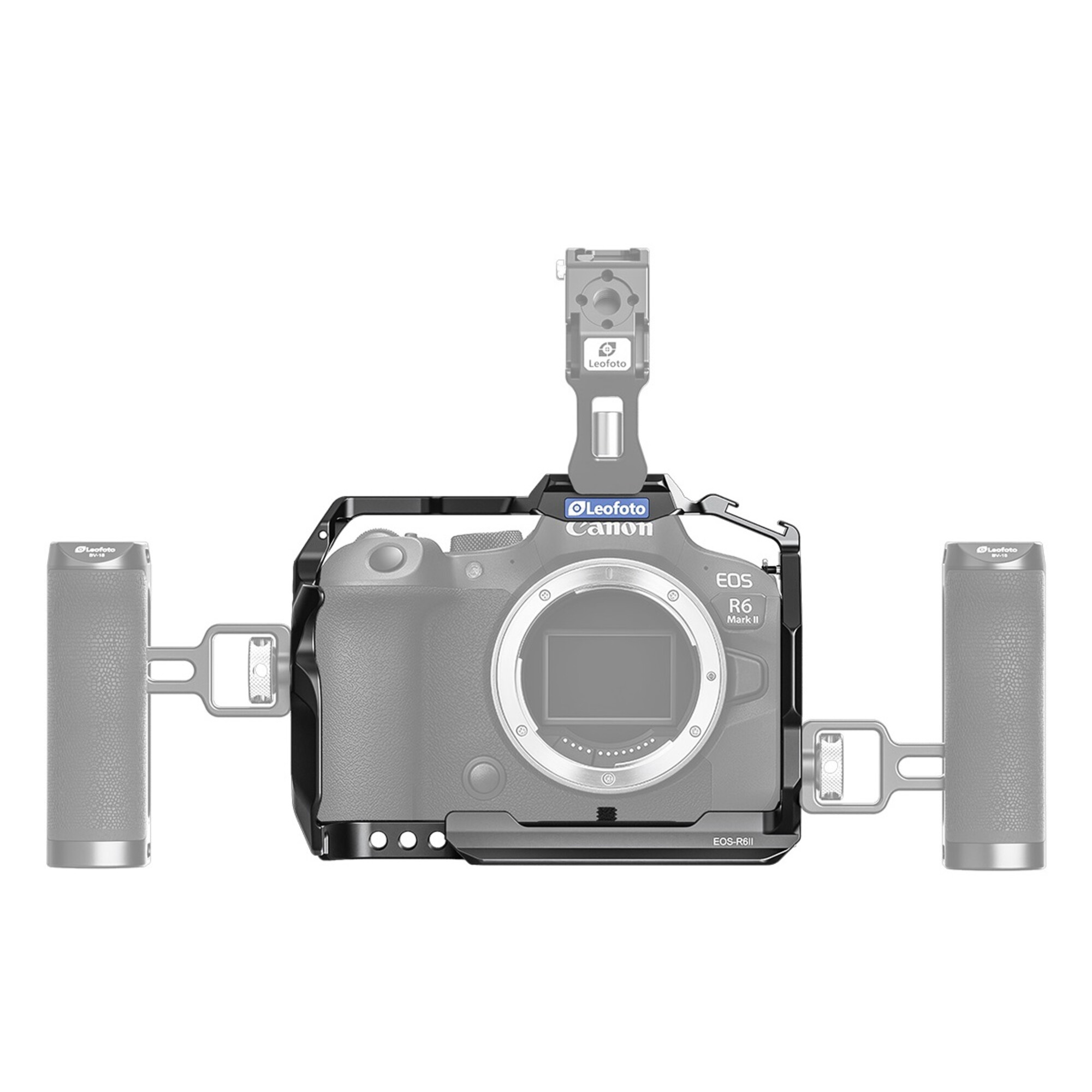 Leofoto EOS R6 II cameracage gemonteerd rond Canon EOS R6 II met bovenhandgreep en twee zijhandgrepen als videorig.