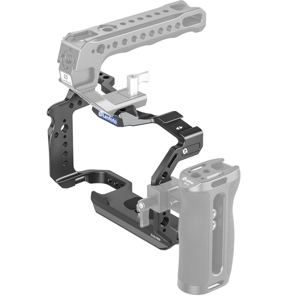 Leofoto EOS R6 II cameracage met los getoonde bovenhandgreep en zijhandgreep als uitbreidbare rig-opstelling.