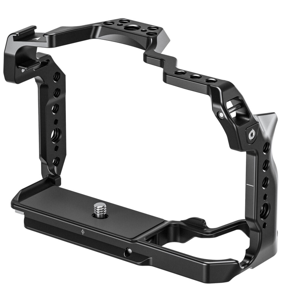 Leofoto EOS R8 cameracage linksvoor aanzicht met hoge zijframes en meerdere 1/4-inch montagegaten.