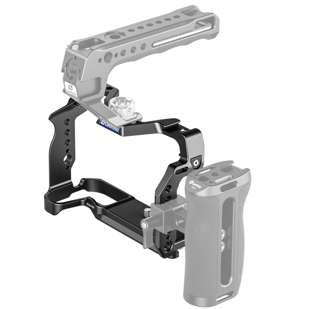 Leofoto EOS R8 cameracage in rig-opstelling met bovenhandgreep en zijhandgreep als optionele accessoires.