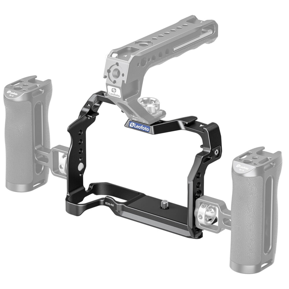 Leofoto EOS R8 cameracage gemonteerd in complete videorig met grijs weergegeven handgrepen en top handle.