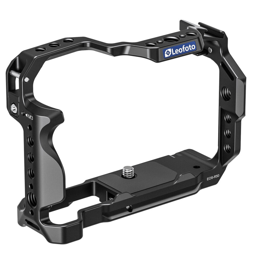 Leofoto EOS R50 cameracage vooraanzicht met open midden voor Canon EOS R50 body en centrale bevestigingsschroef.
