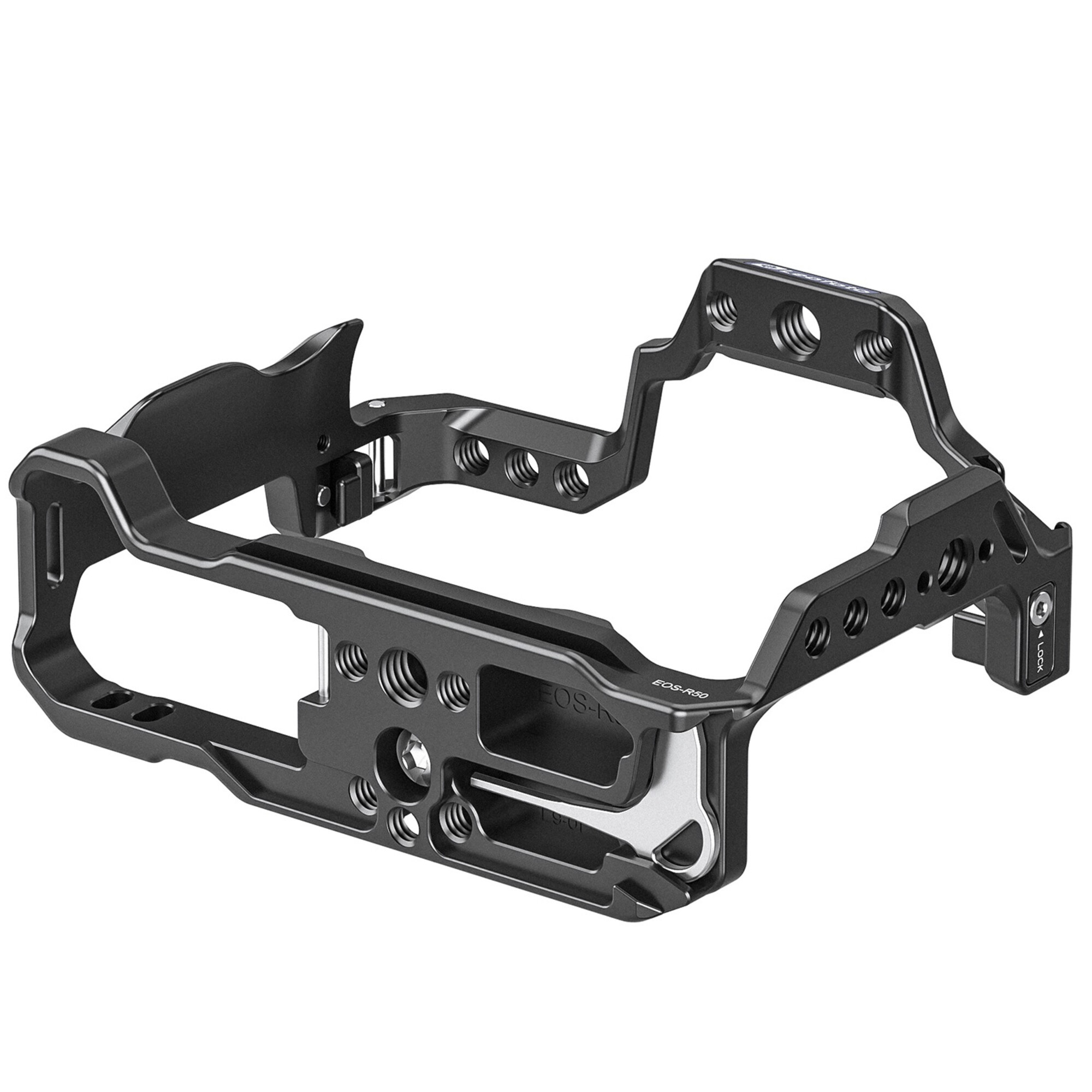 Leofoto EOS R50 cameracage onderaanzicht liggend met Arca-Swiss profiel en anti-twist pin.