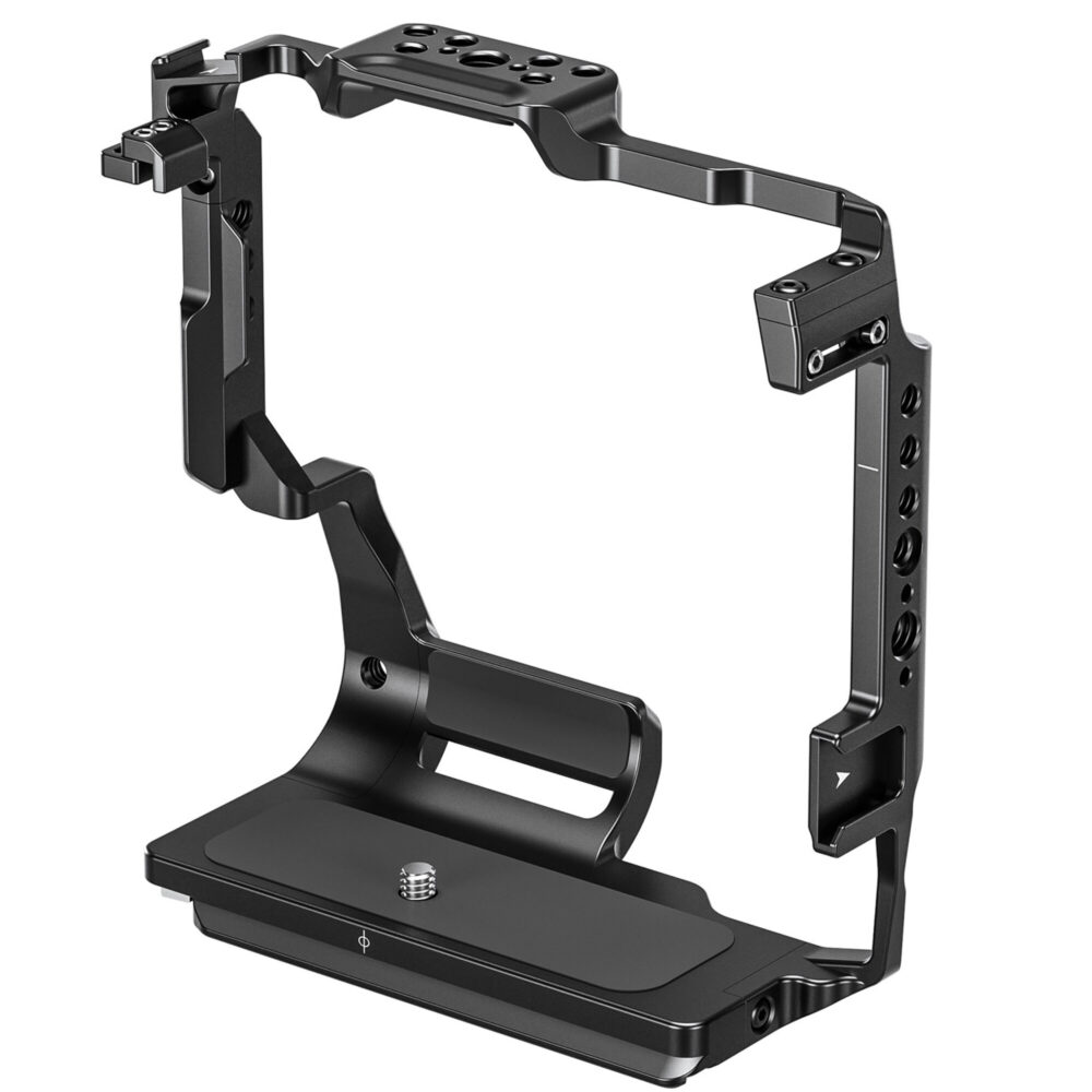 Leofoto X-H2(s) cameracage linksvoor aanzicht met open ruimte voor batterijgreep en meerdere 1/4-inch montagegaten.