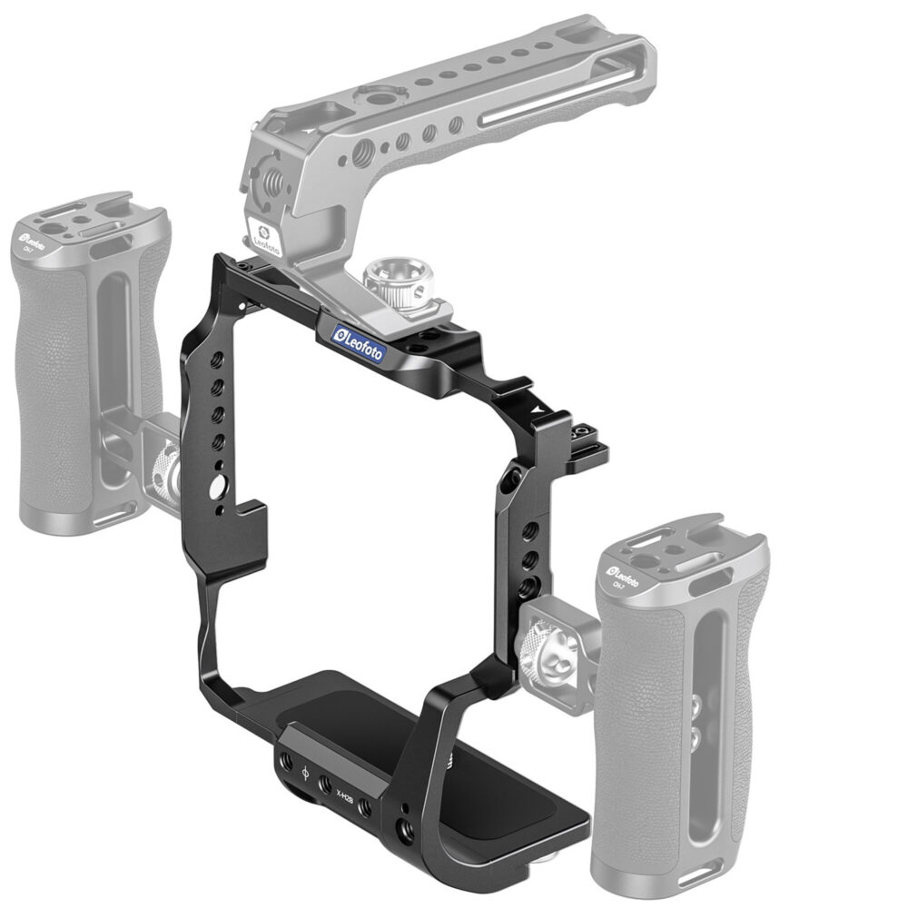 Leofoto X-H2(s) cameracage in rig-opstelling met grijs weergegeven bovenhandgreep en zijhandgrepen als accessoires.