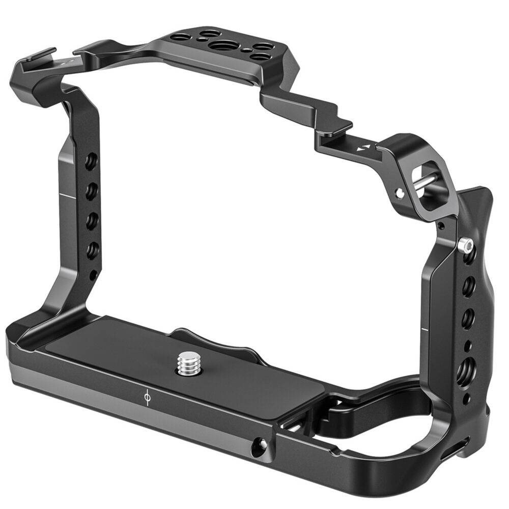 Leofoto X-S20 cameracage linksvoor aanzicht met centrale 1/4-inch bevestigingsschroef en hoge zijframes.