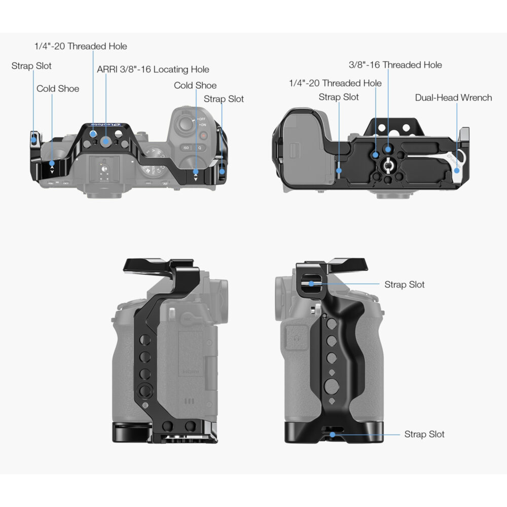 Leofoto X-S20 cameracage technische tekening met voor-, zij- en bovenaanzicht en maten in millimeters.