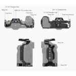 Leofoto X-S20 cameracage technische tekening met voor-, zij- en bovenaanzicht en maten in millimeters.