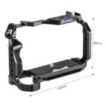 Leofoto X-S20 cameracage technische tekening met voor-, zij- en bovenaanzicht en maten in millimeters.