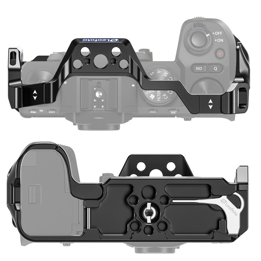 Leofoto X-S20 cameracage schuin vooraanzicht met aangegeven totale lengte en hoogte op lijntekening.