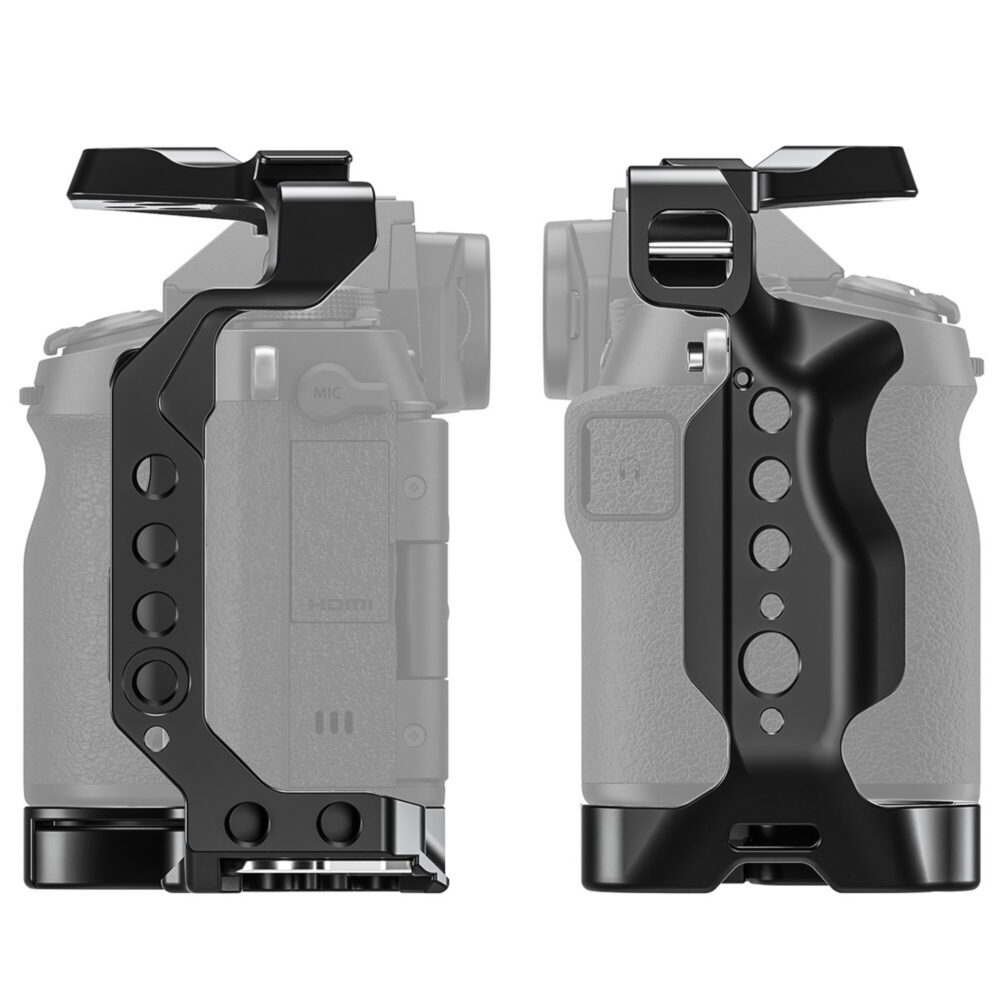 Leofoto X-S20 cameracage boven- en zijaanzicht gemonteerd op Fujifilm X-S20 body als maatvoeringsoverzicht.