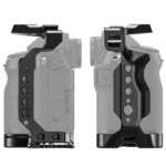 Leofoto X-S20 cameracage boven- en zijaanzicht gemonteerd op Fujifilm X-S20 body als maatvoeringsoverzicht.