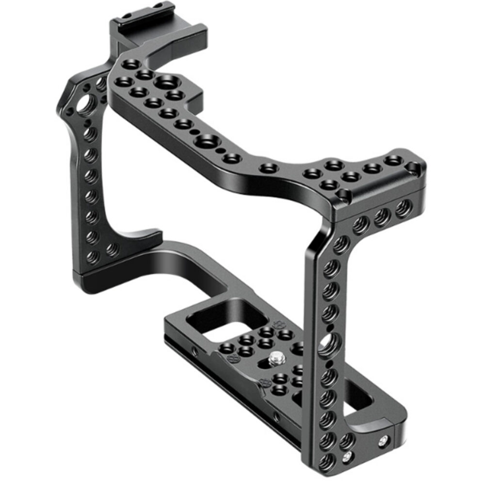 Leofoto EOS R cameracage voor Canon, zijaanzicht van de cameracage met meerdere 1/4-inch montagegaten boven en onder.
