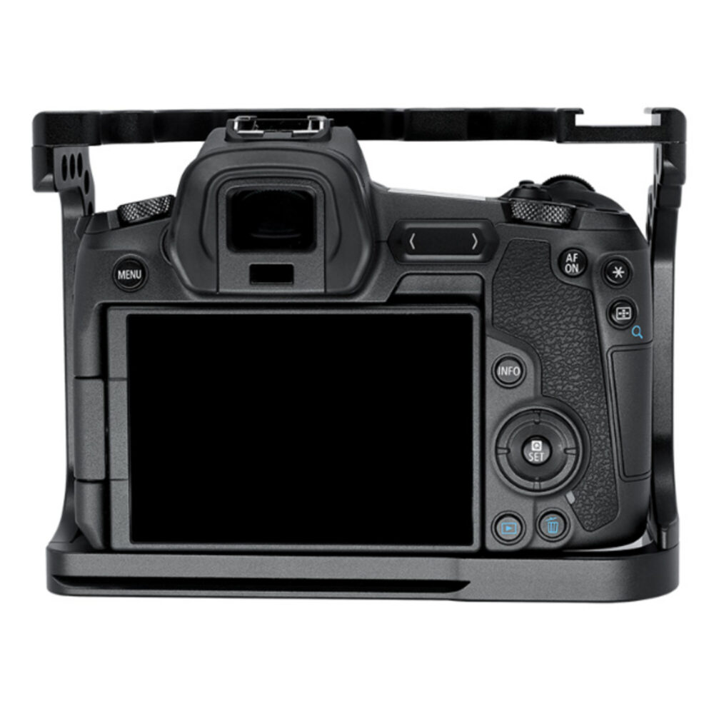 Leofoto EOS R cameracage voor Canon, achteraanzicht van Canon EOS R in cameracage met volledig vrij toegankelijke aansluitingen en knoppen.