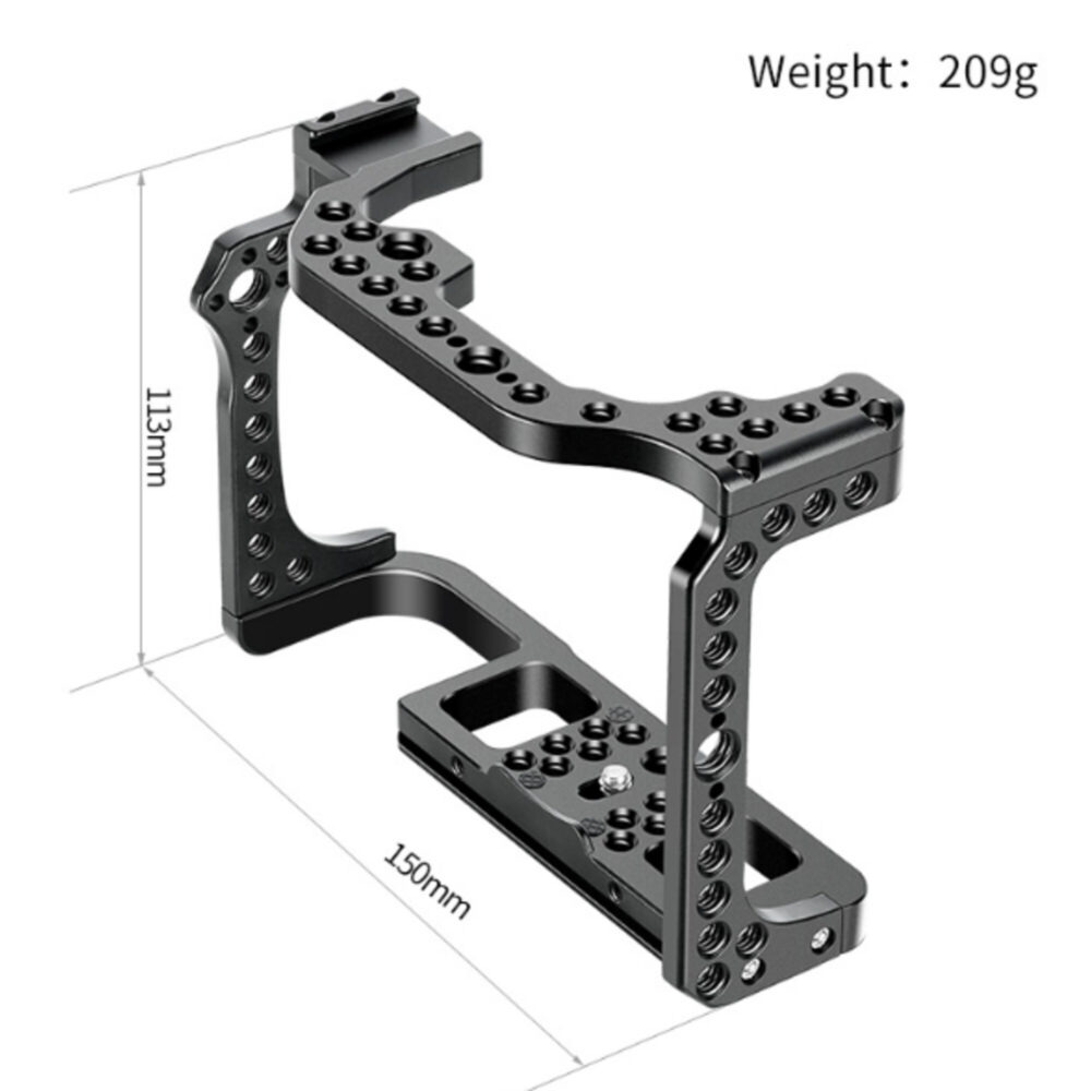 Leofoto EOS R cameracage voor Canon, productafbeelding met afmetingen 150x113mm en gewicht 209g.