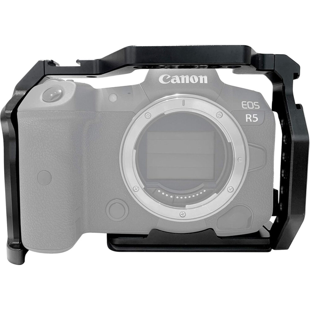 Leofoto EOS R5 cameracage frontaanzicht met grijs weergegeven Canon EOS R5 body in passende cage.