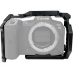 Leofoto EOS R5 cameracage frontaanzicht met grijs weergegeven Canon EOS R5 body in passende cage.