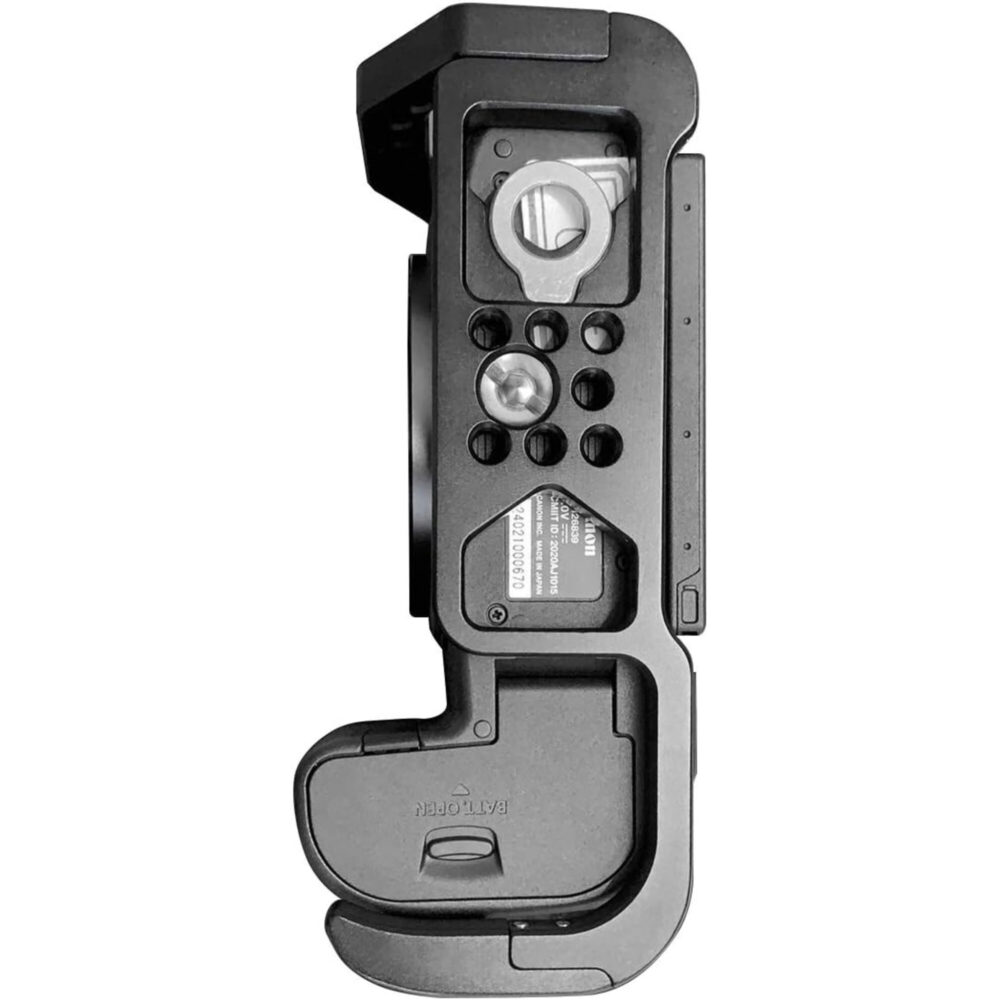 Leofoto EOS R5 cameracage rechterzijaanzicht met camera in cage en rij montagegaten voor accessoires.
