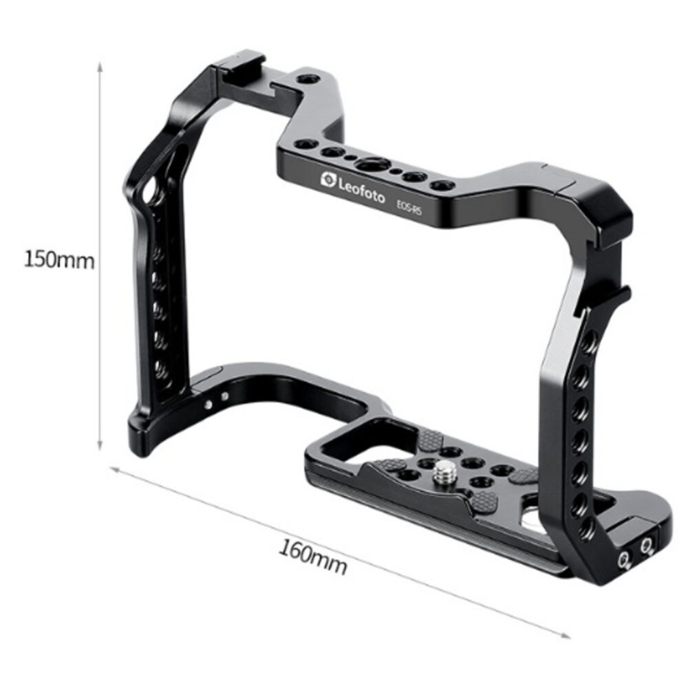 Leofoto EOS R5 cameracage productafbeelding met vermelde afmetingen 16x15cm en gewicht 0,22kg.