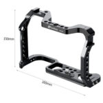 Leofoto EOS R5 cameracage productafbeelding met vermelde afmetingen 16x15cm en gewicht 0,22kg.