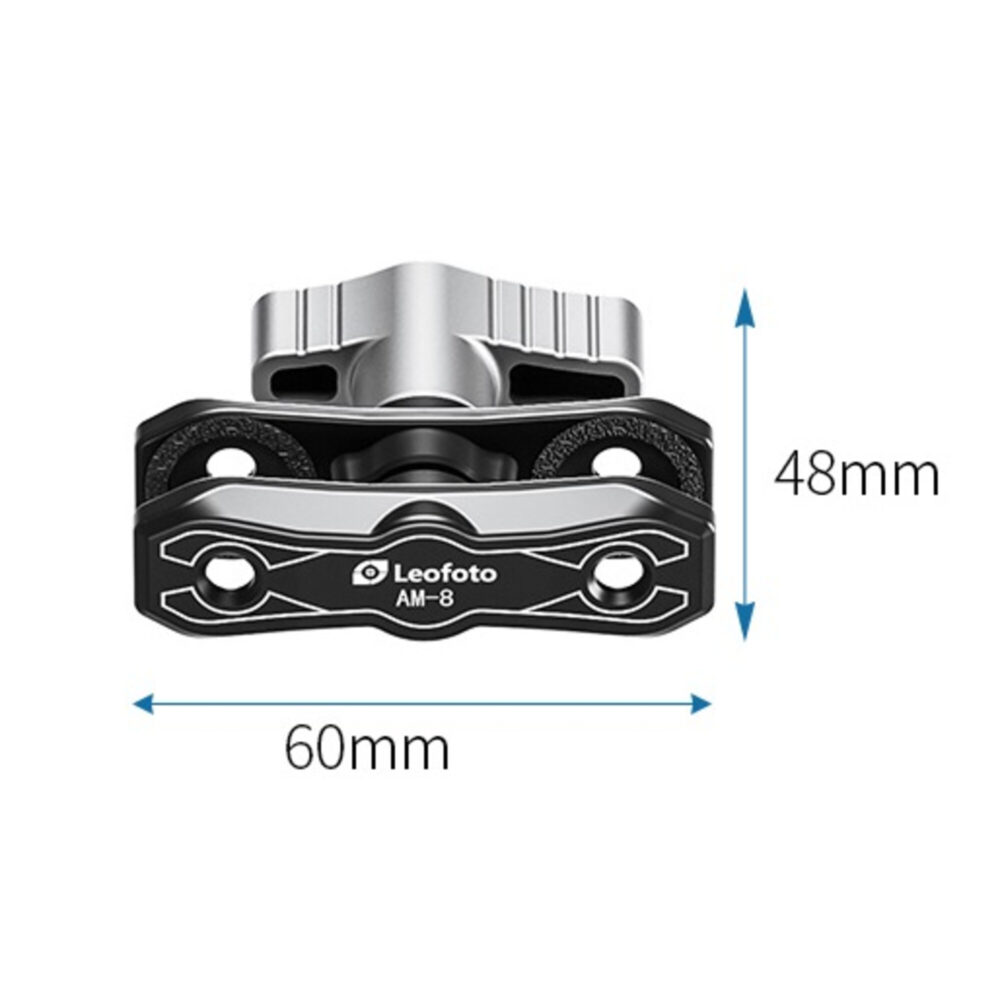 Leofoto AM-8 scharnierende arm productafbeelding frontaal met ingetekende afmetingen 50x48mm van het basisgewricht.