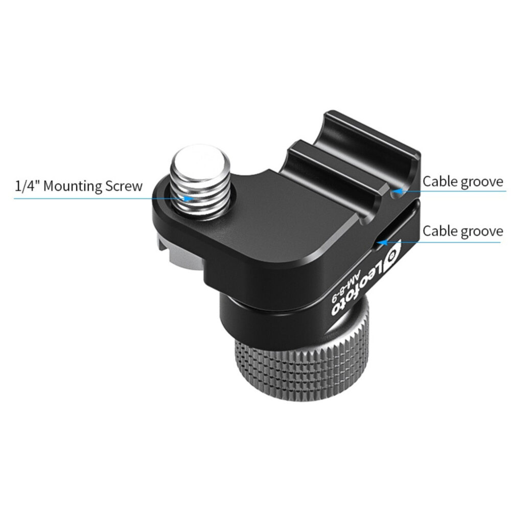 Leofoto AM-8-9 scharnierende arm productafbeelding van kabelklem met aangeduide 1/4-inch mounting screw en dubbele cable grooves.