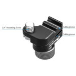 Leofoto-Articulated-arm-AM-8-9-cable-clamp-1 Leofoto AM-8-9 scharnierende arm productafbeelding van kabelklem met aangeduide 1/4-inch mounting screw en dubbele cable grooves.