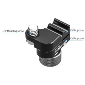 Leofoto AM-8-9 scharnierende arm productafbeelding van kabelklem met aangeduide 1/4-inch mounting screw en dubbele cable grooves.