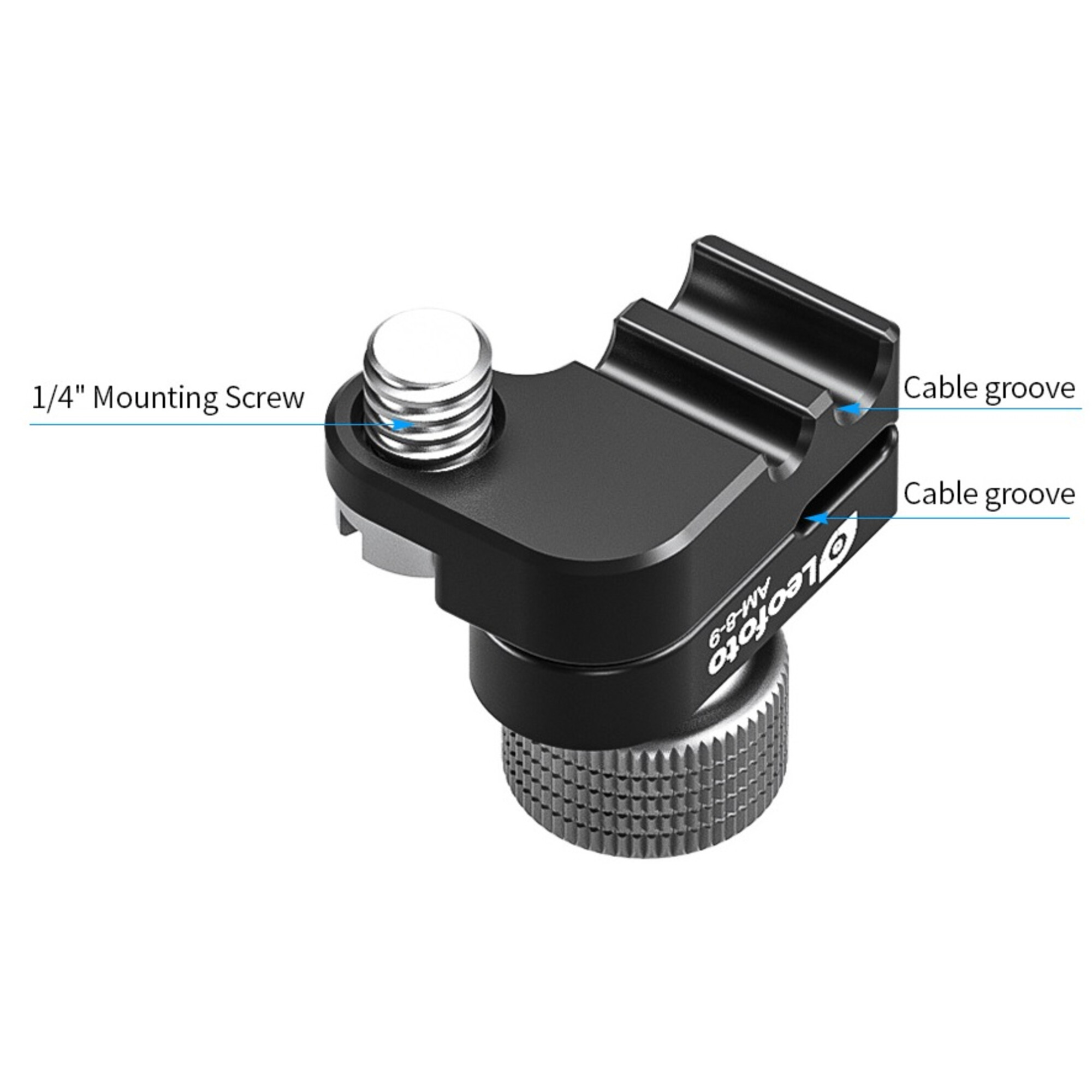 Leofoto AM-8-9 scharnierende arm productafbeelding van kabelklem met aangeduide 1/4-inch mounting screw en dubbele cable grooves.