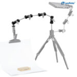 Leofoto-Multi-joint-arm-AM-1TXL-1 Leofoto AM-1TXL multi-scharnierende arm gemonteerd op statief en tafelklem als gebogen arm voor accessoires in studiosetup.