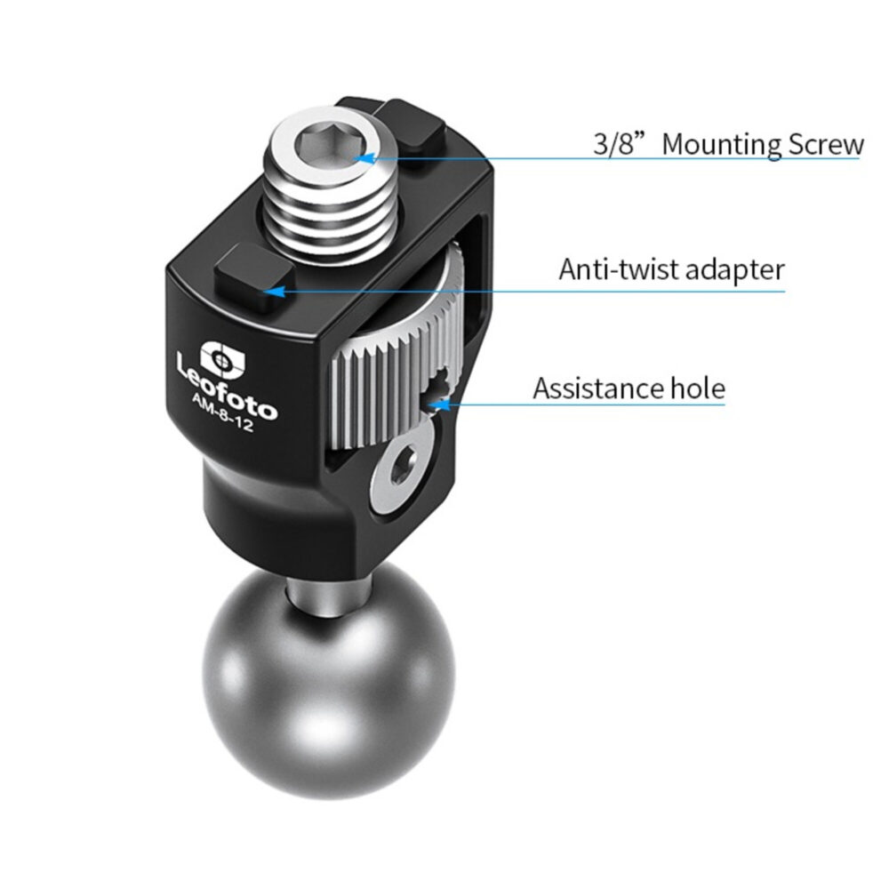 Leofoto AM‑8‑12 scharnierende arm productweergave met aanduiding van 3/8-mounting screw, anti-twist adapter en assistance hole.
